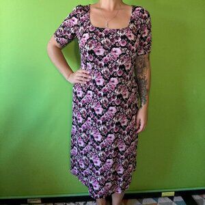 Floral simple short sleeve midi dress for any occasion / Extra Large / 14